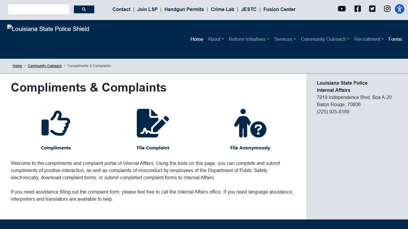 Compliments & Complaints - Louisiana State Police